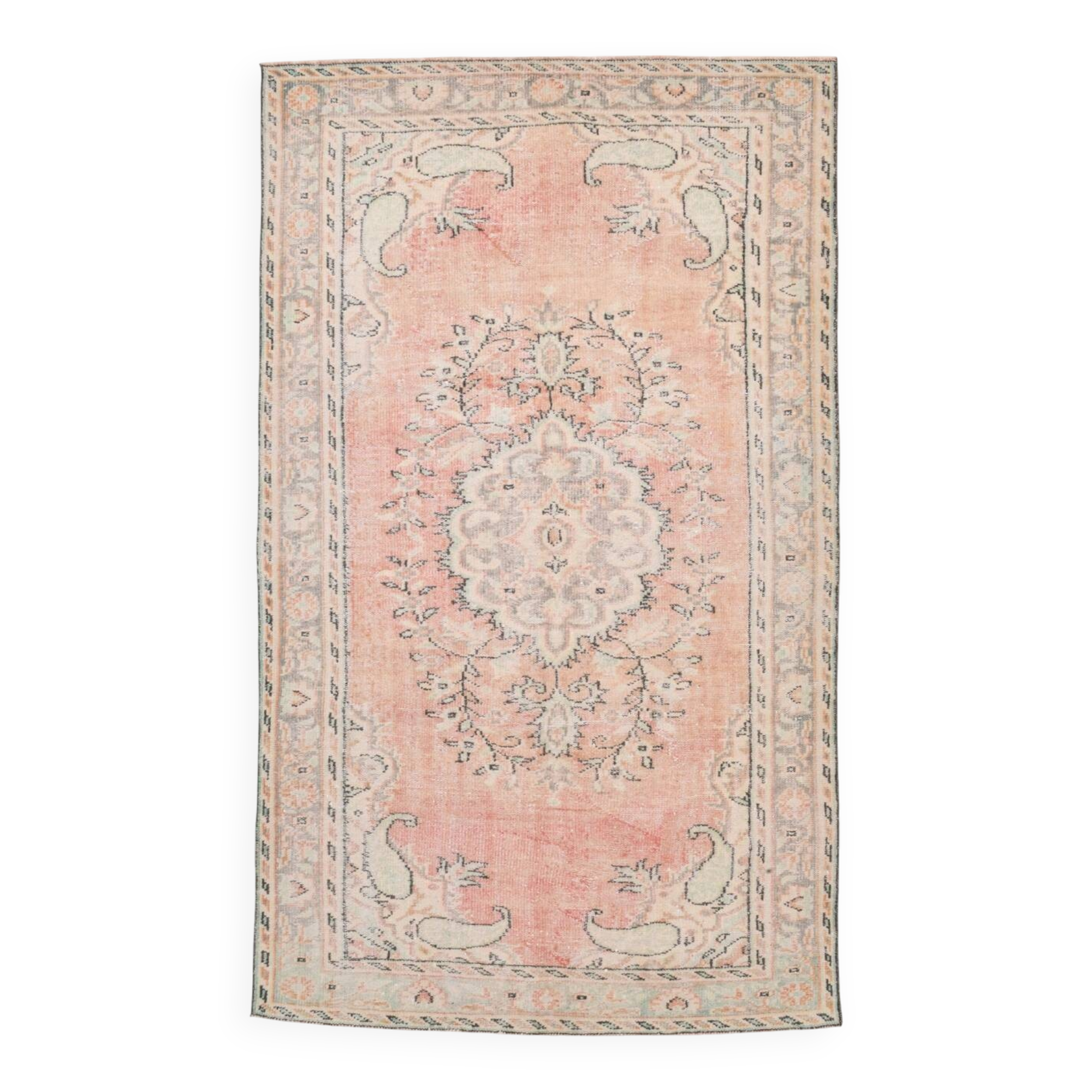 Tapis vintage oriental tons saumon et vert pastel, style faded 300x160