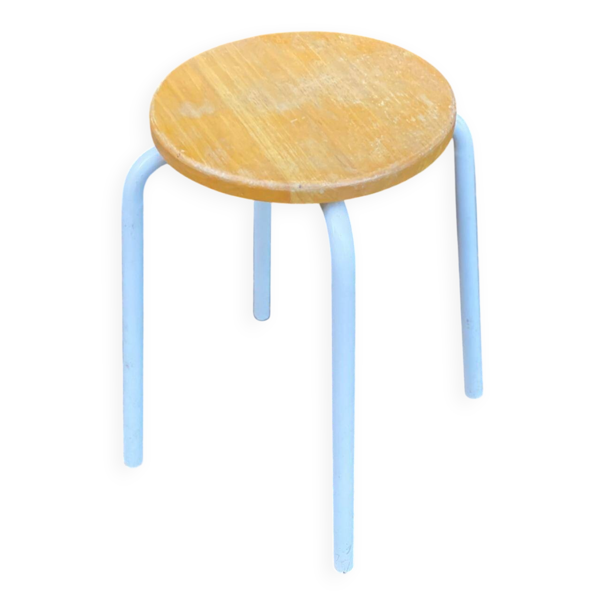 Round Scandinavian stool in solid wood and white steel 1980