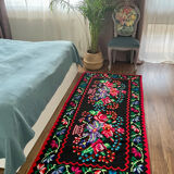 Vintage Romanian handwoven carpet with floral colorful design