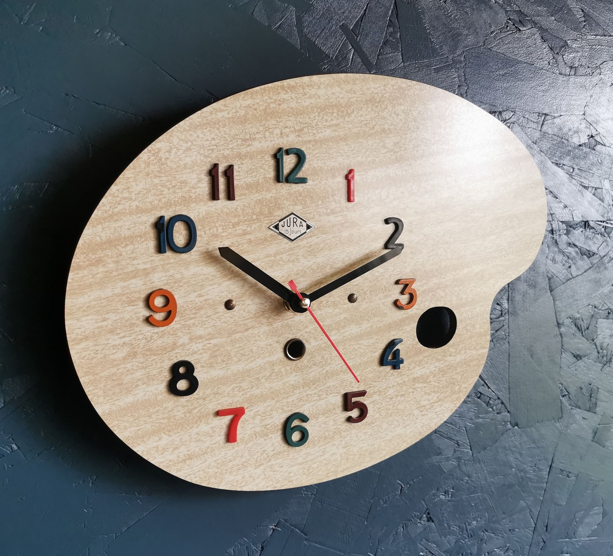 Vintage formica clock silent wall clock painter palette "Jura spruce"
