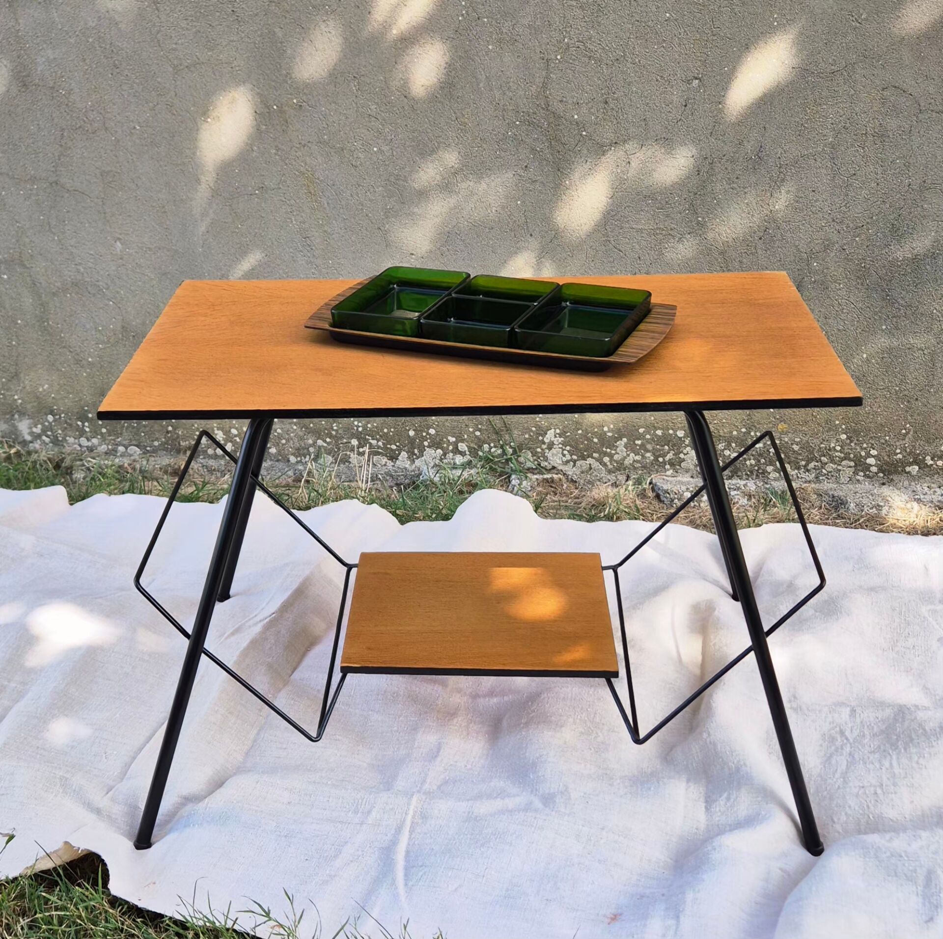 Small table, vintage Scandinavian TV unit in metal and wood, renovated.