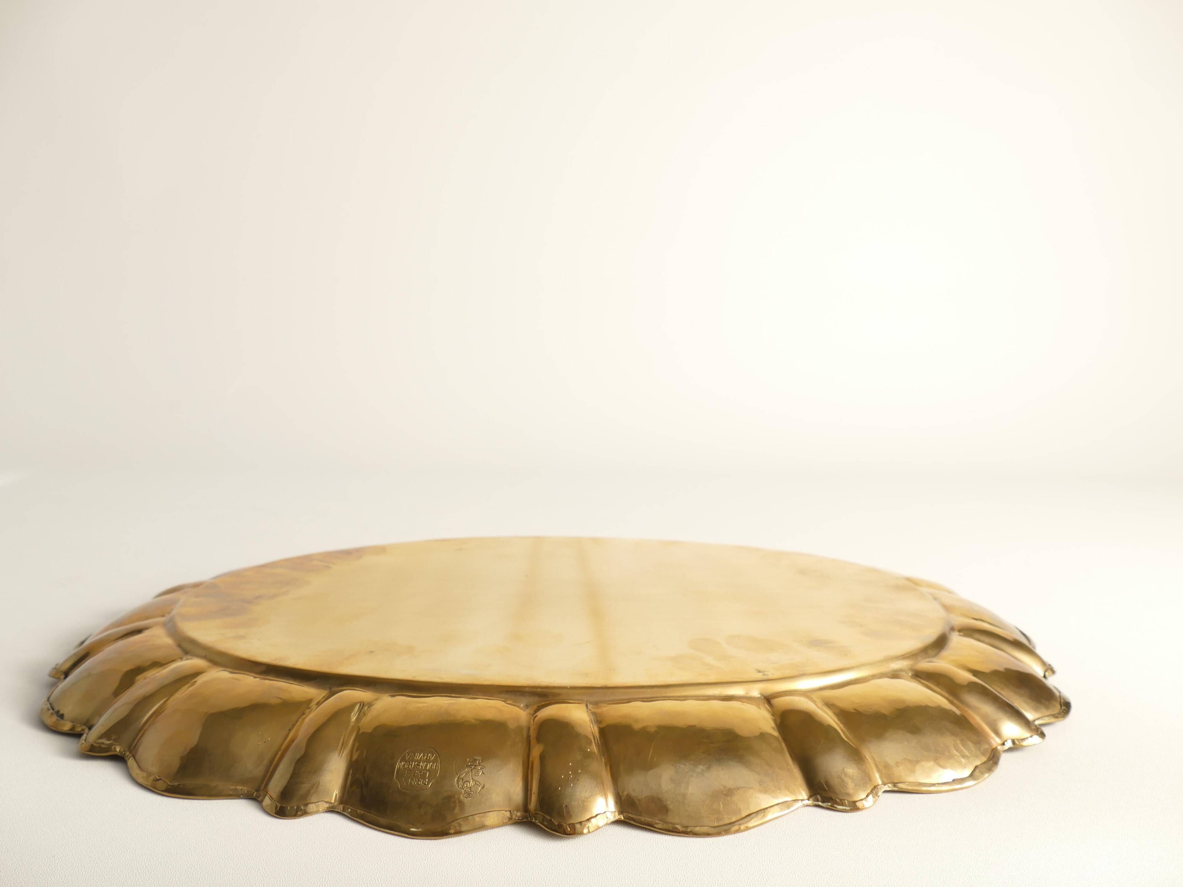 Hollywood Regency Large Oval Brass Tray by Firma Lars Holmström, Sweden 1940's