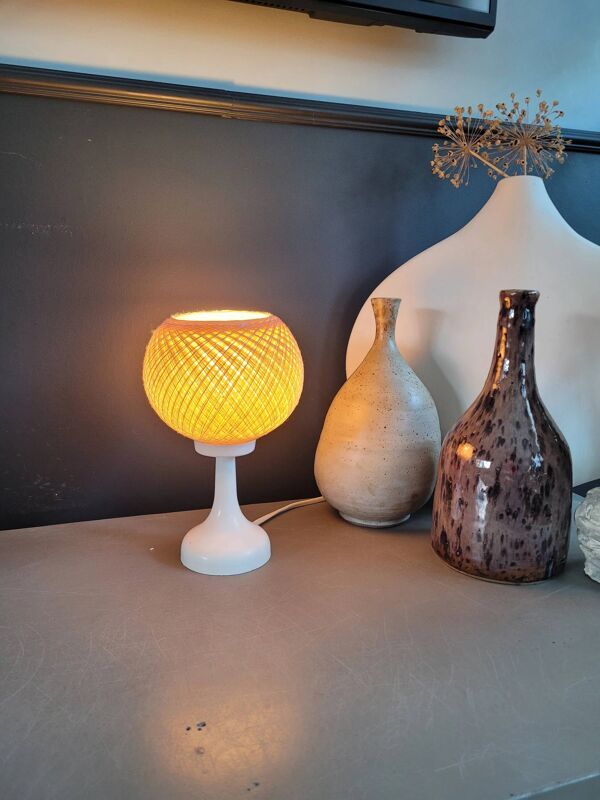 Lampe de table 60's pied tulipe et abat-jour fil tendu