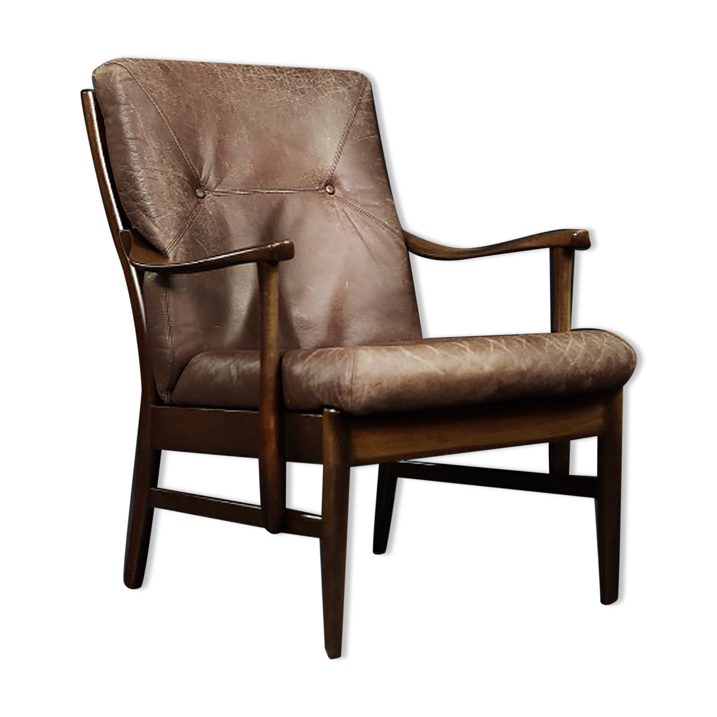 Modern vintage Danish armchair in beech and brown leather by Farstrup Møbler, 1970.