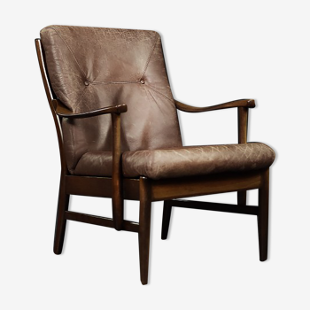 Vintage mid-century danish modern beech & brown leather armchair from farstrup møbler, 1970s