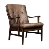 Modern vintage Danish armchair in beech and brown leather by Farstrup Møbler, 1970.