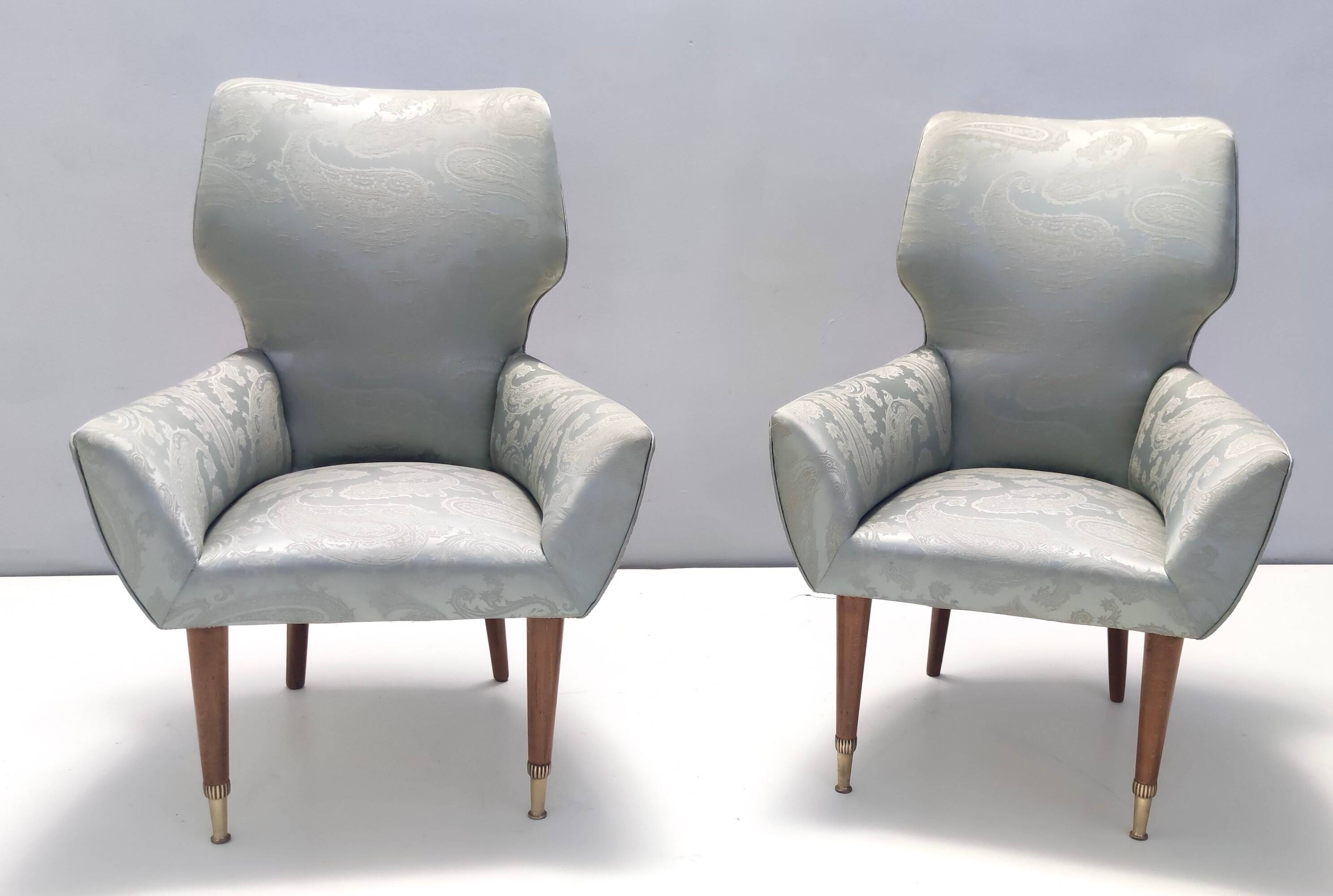 Pair of Grey Satin Lounge Chairs with Walnut Frame and Brass Feet Caps