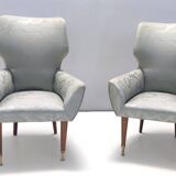 Pair of Grey Satin Lounge Chairs with Walnut Frame and Brass Feet Caps