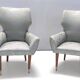 Pair of Grey Satin Lounge Chairs with Walnut Frame and Brass Feet Caps