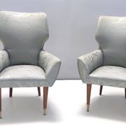 Pair of Grey Satin Lounge Chairs with Walnut Frame and Brass Feet Caps