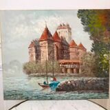 Tableau huile sur toile chateau signé vintage