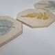 Three enamelled ceramic under glass, footprints of plants from Canada
