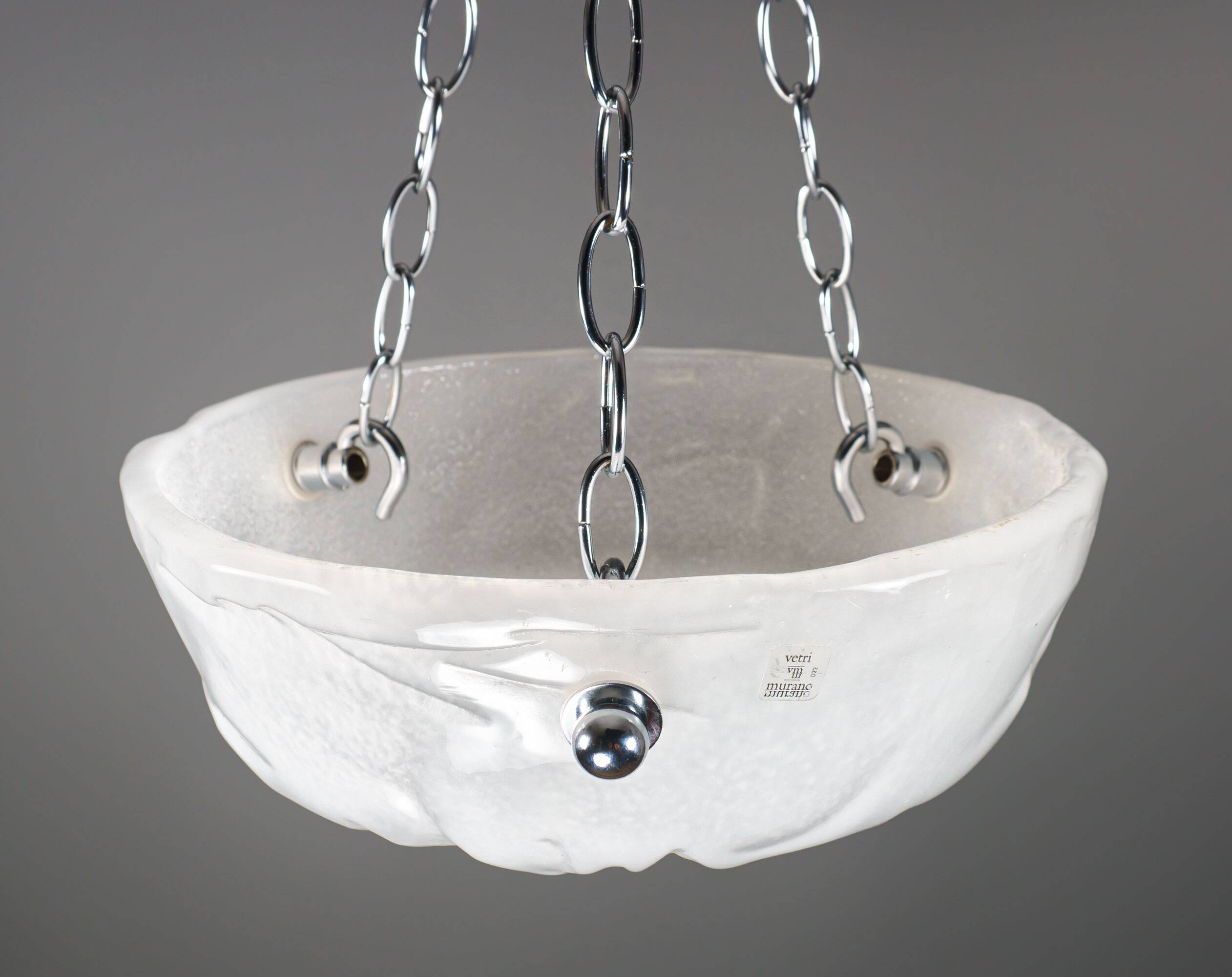 1980s Murano Ice-Textured Opalescent Glass Plafonnier Lamp by Effetre