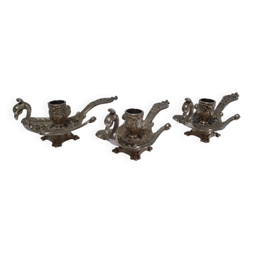 three stylized peacock candlesticks brass 60s