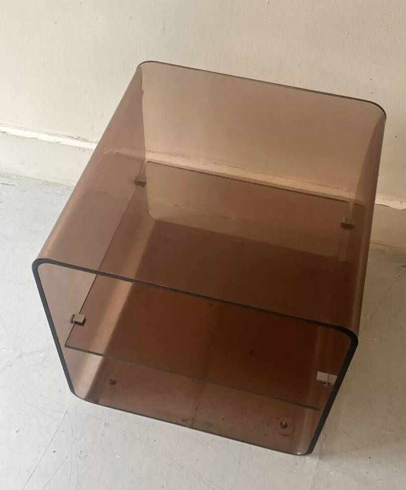 Smoked plexiglass side table/bedside table, M. Dumas for Roche Bobois 1970