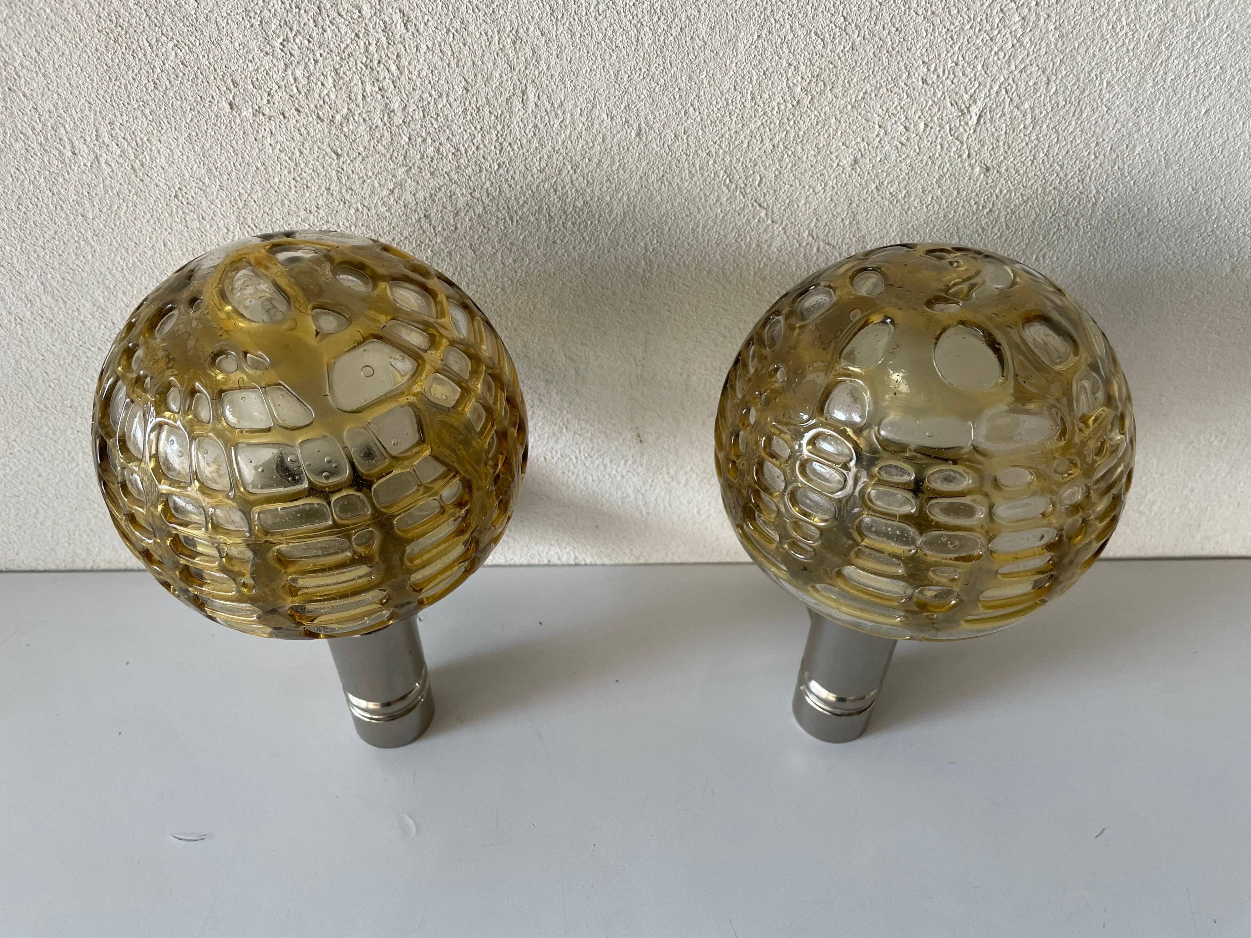 Rare pair of blown glass and chrome wall lights by Doria, 1960s, Germany.