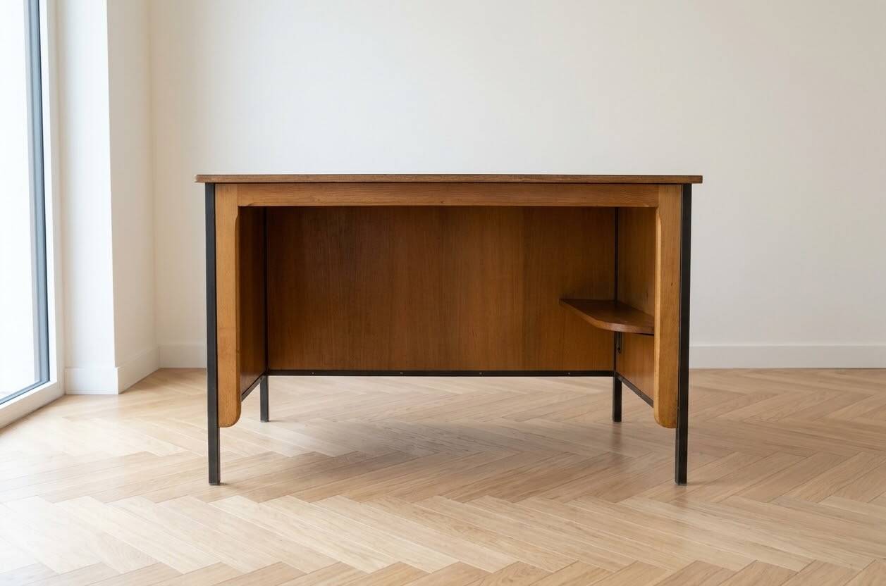 Vintage style desk by Jean Prouvé in oak and black metal.