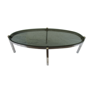 Table basse ovale en chrome et verre vintage  années 70