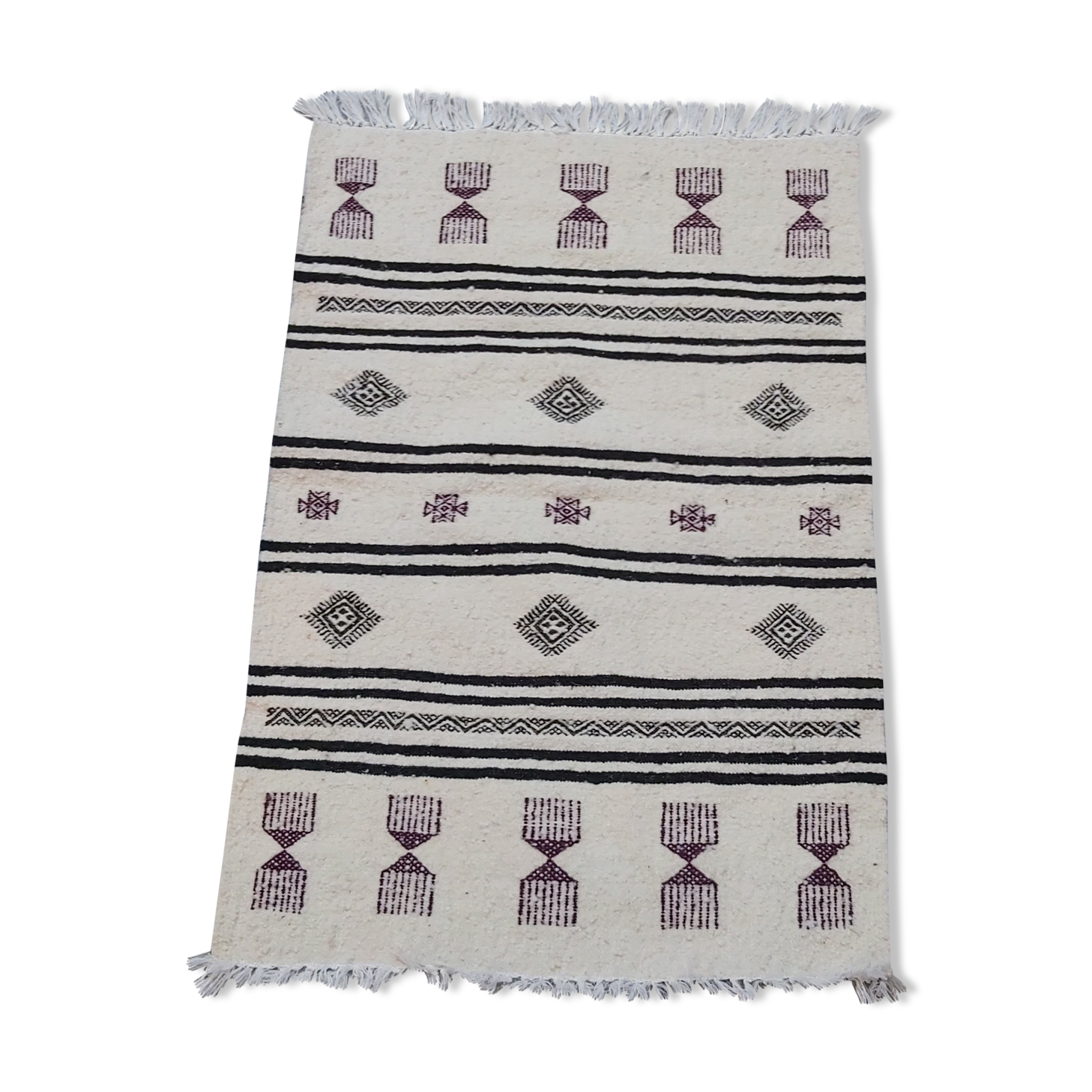 Black and purple white carpet woven by hand in pure wool