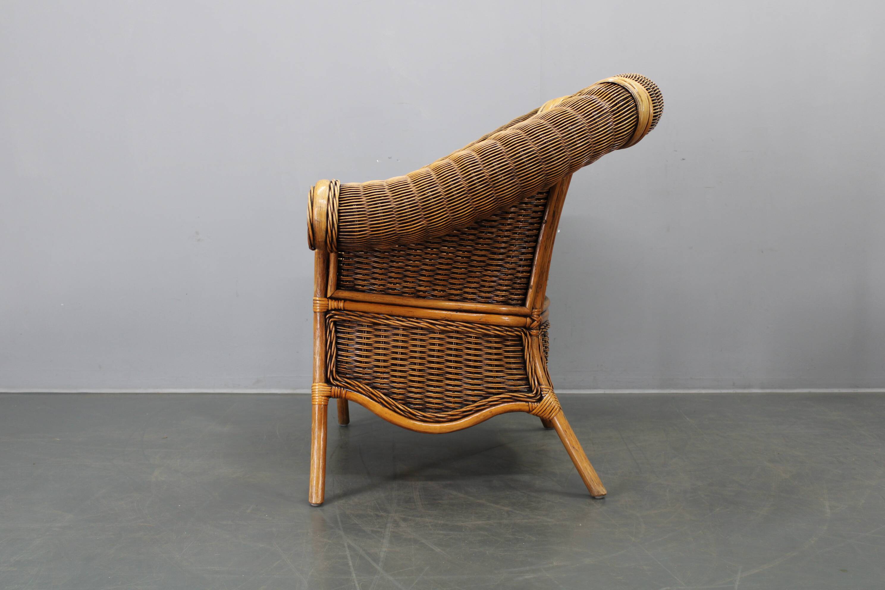 Vintage organic rattan armchair and round coffee table set, 1980s-1990s