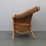 Vintage organic rattan armchair and round coffee table set, 1980s-1990s