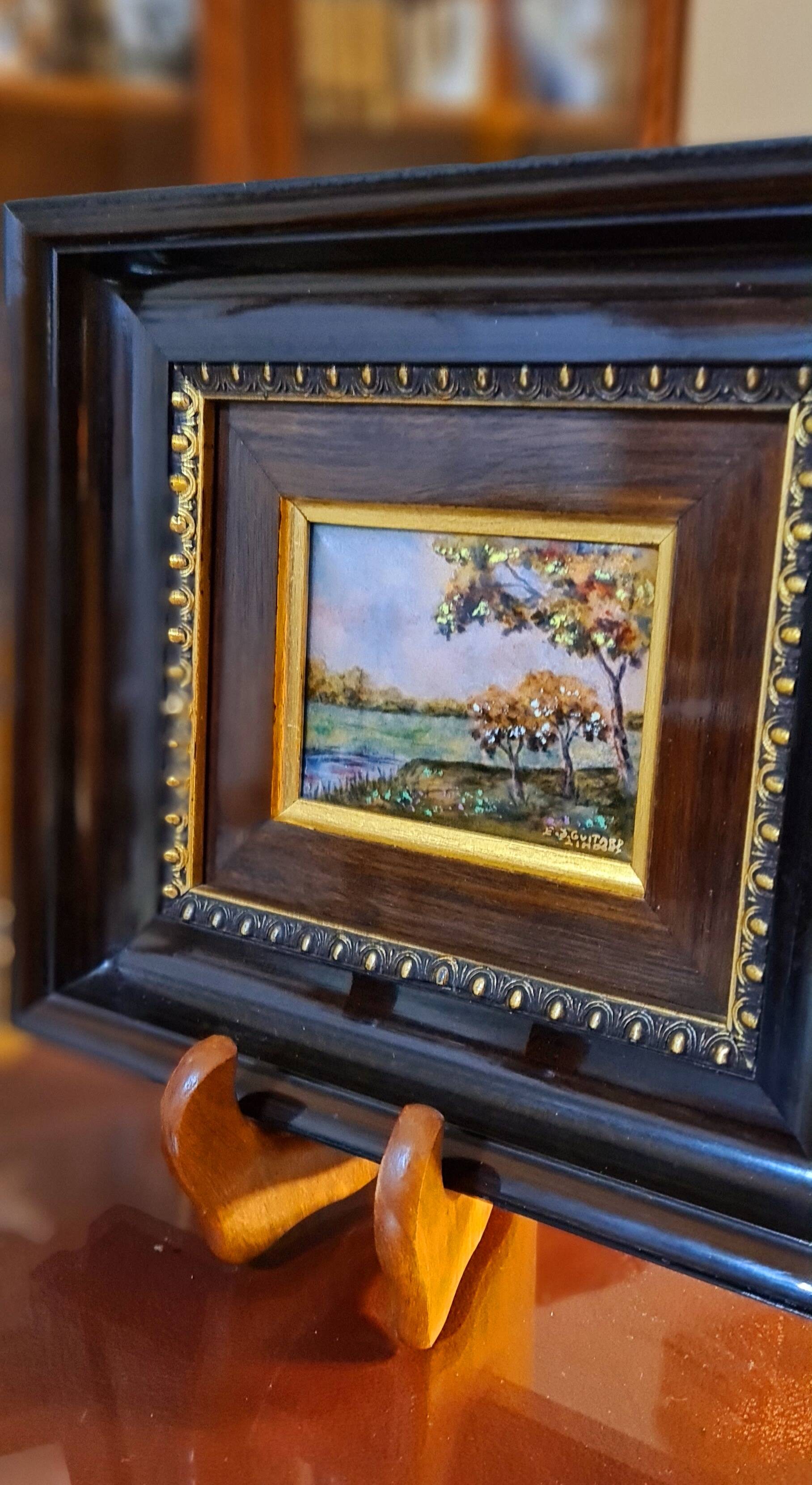 Original enamel painting, framed, signed EJ Guitard