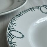 6 earthenware dinner plates, green decor, St Amand Nord iron earth.