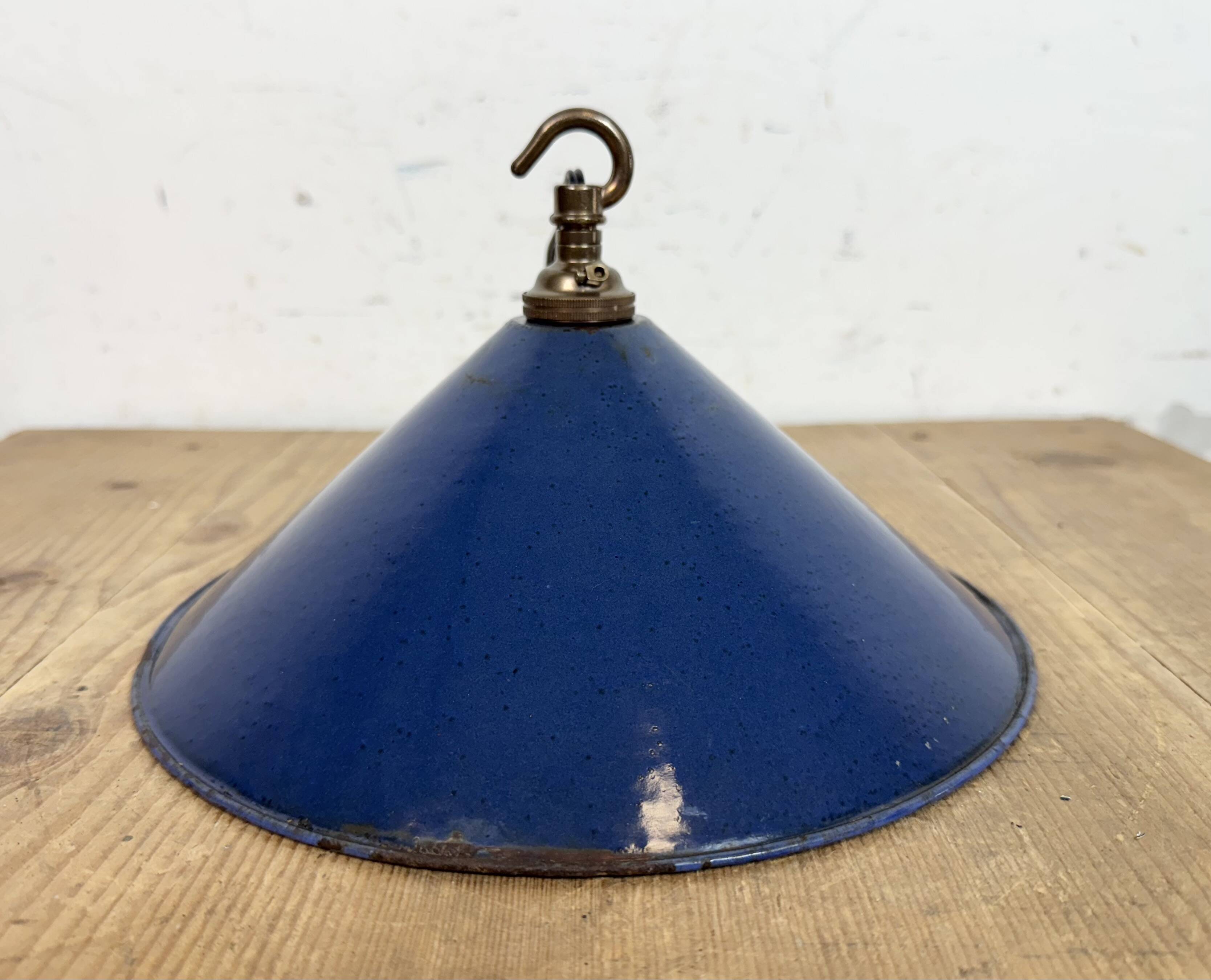 Industrial British Blue Enamel Factory Pendant Lamp, 1950s