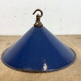 Industrial British Blue Enamel Factory Pendant Lamp, 1950s
