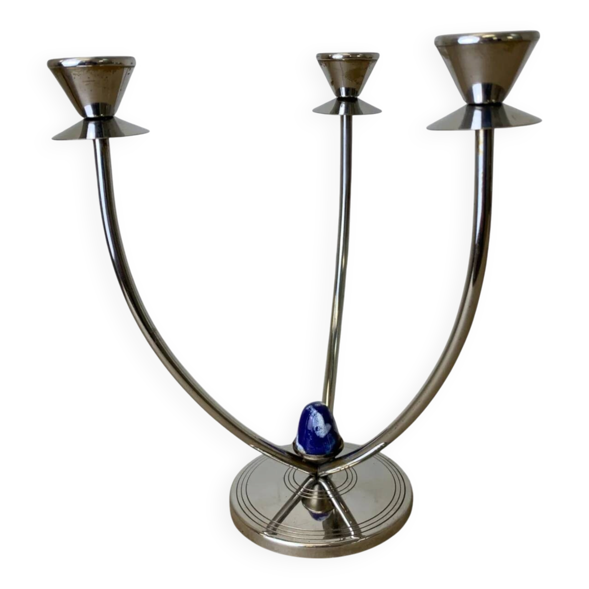 Art deco candlestick in stainless steel, 3 flames and blue stones, Spain, circa 1970s