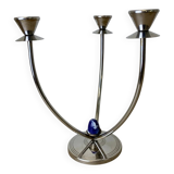 Art deco candlestick in stainless steel, 3 flames and blue stones, Spain, circa 1970s
