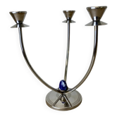 Candélabre art déco en acier inoxydable, 3 flammes et pierres bleues, Espagne, vers les années 1970.