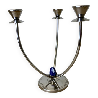 Art deco candlestick in stainless steel, 3 flames and blue stones, Spain, circa 1970s
