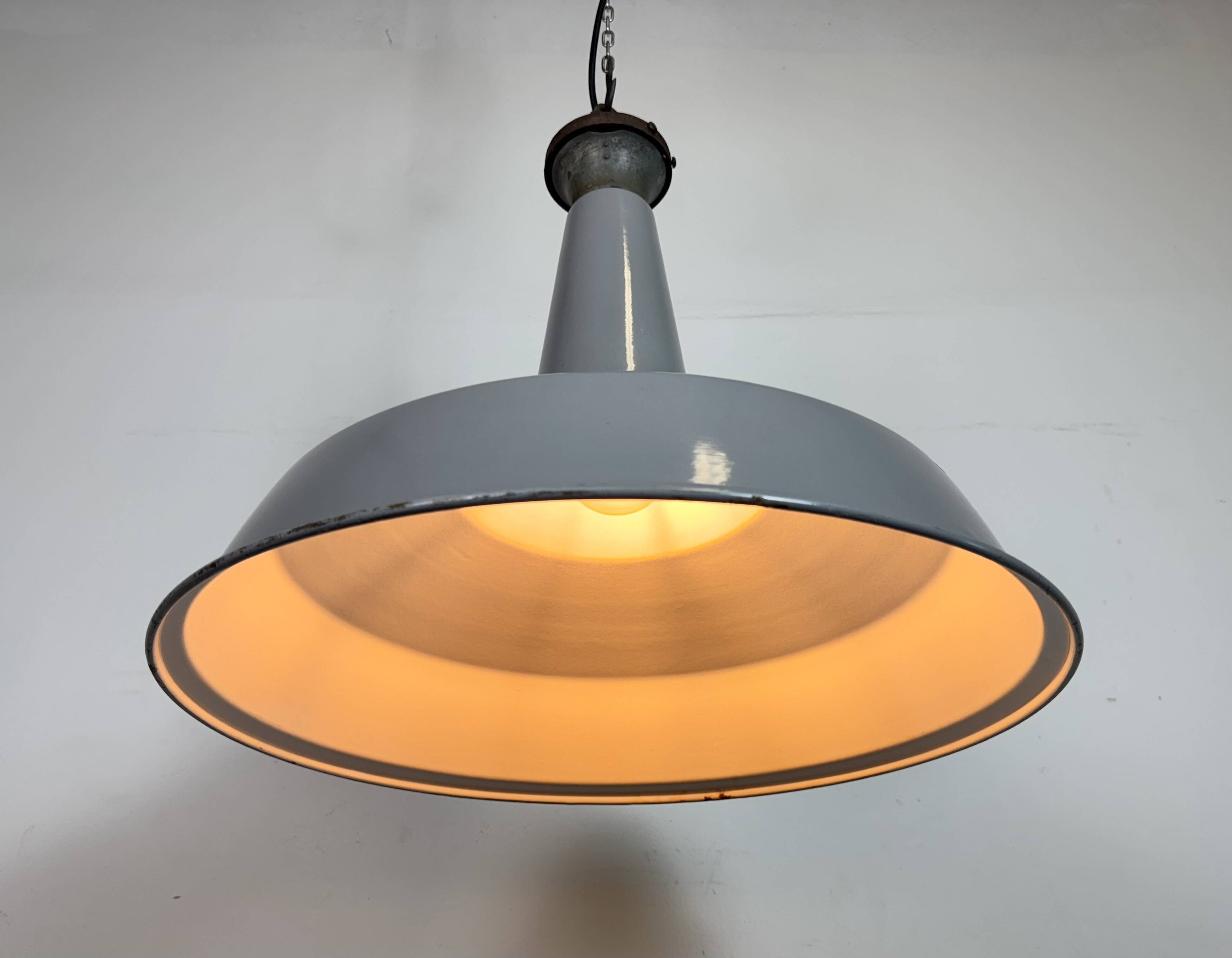 Large Industrial British Grey Enamel Factory Pendant Lamp from Benjamin, 19