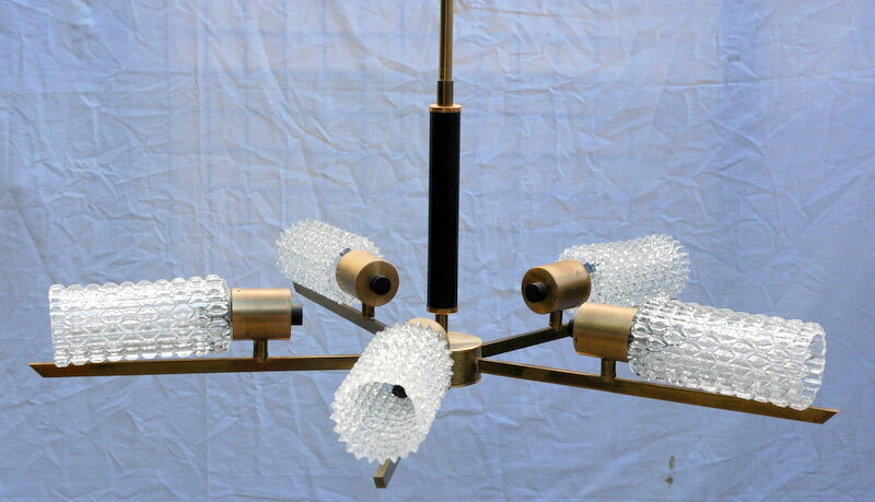 Vintage chandelier 5 lights, glass globes and golden metal mount