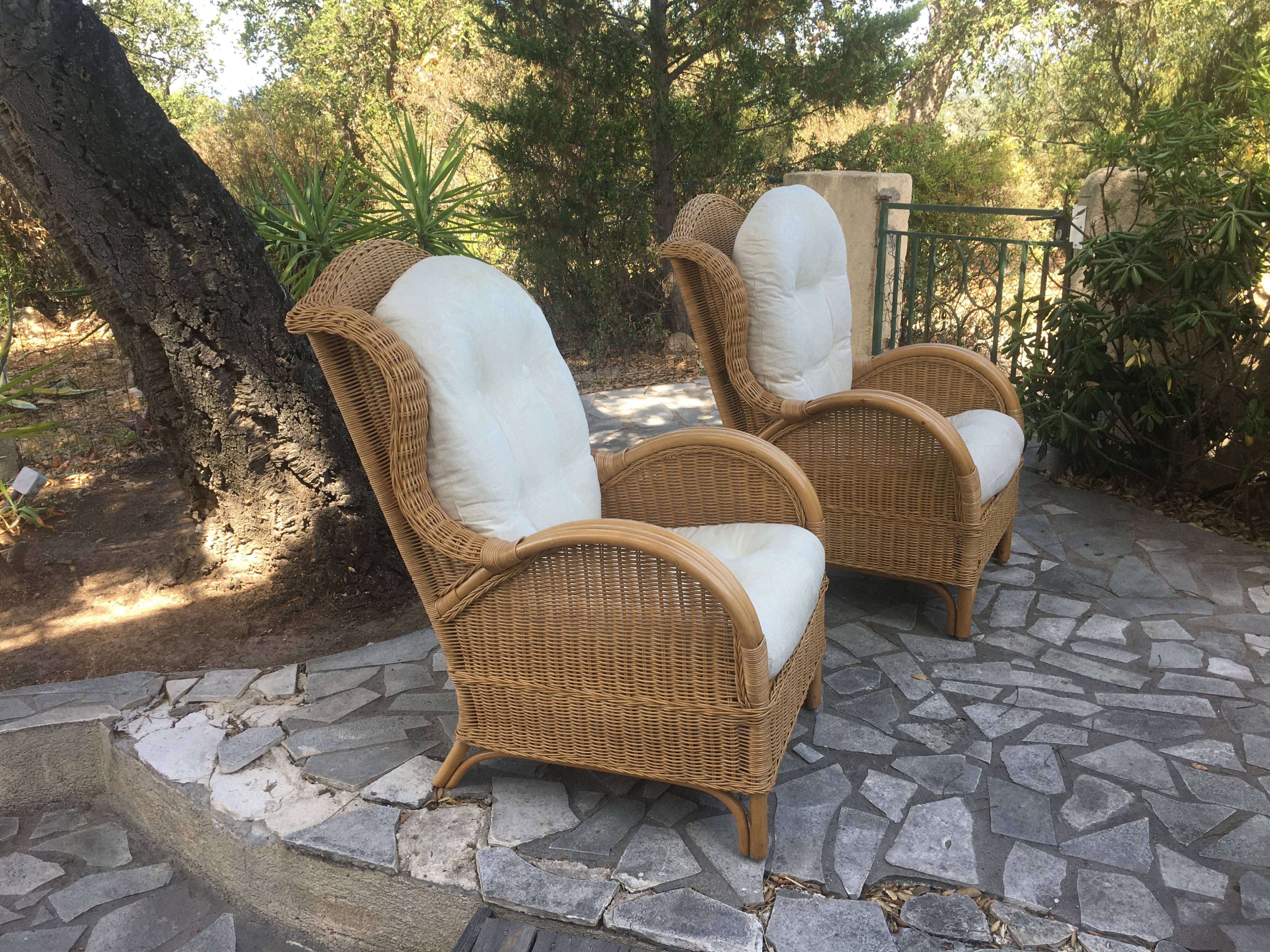 Pair of rattan and bamboo armchairs