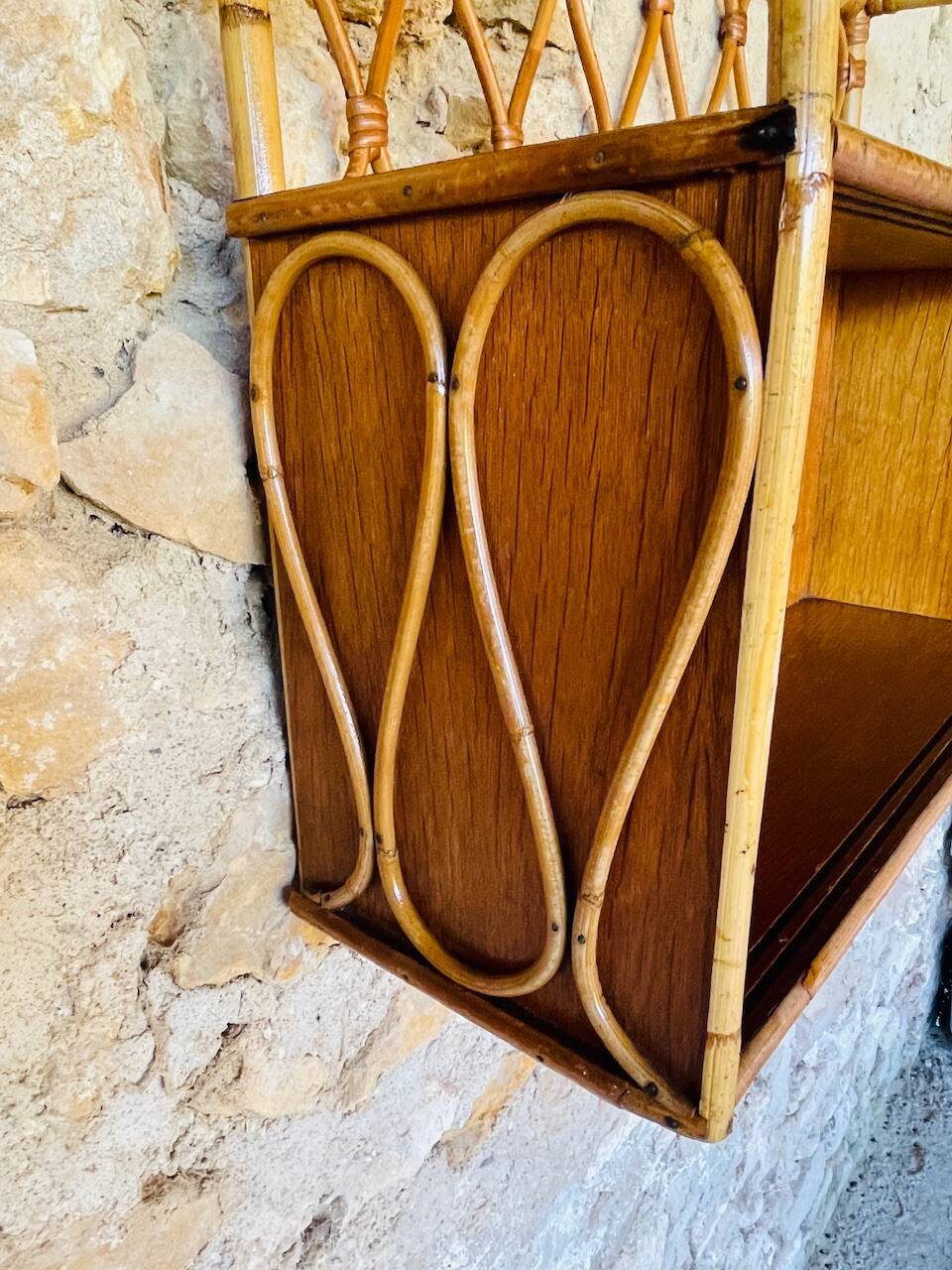 Vintage rattan and bamboo wall shelf with glass door cabinet, 1960s