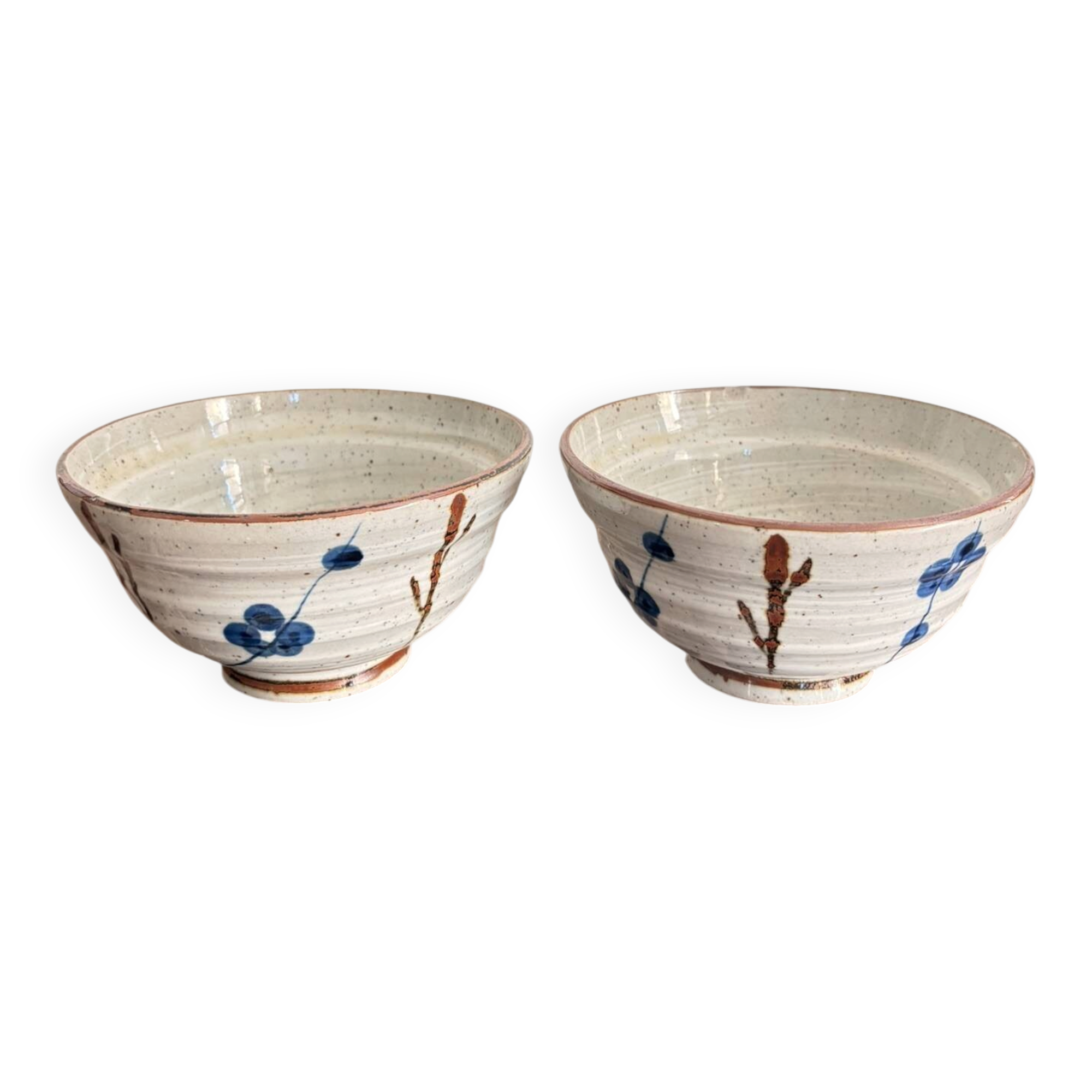 Lot 2 Tea Bowls Rice Stoneware Glazed Chawan Plum Blossom Chinese Japanese