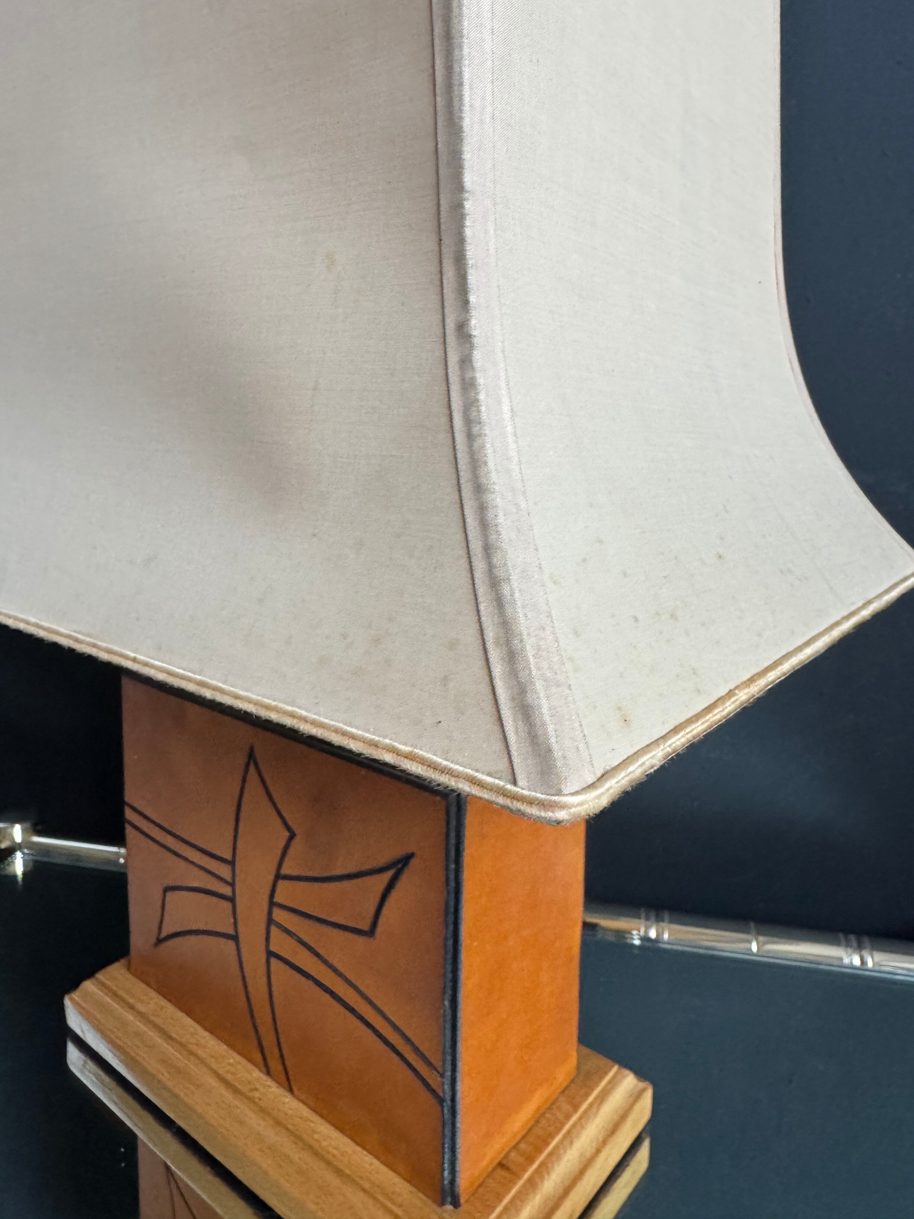 70s leather and wood pagoda lamps