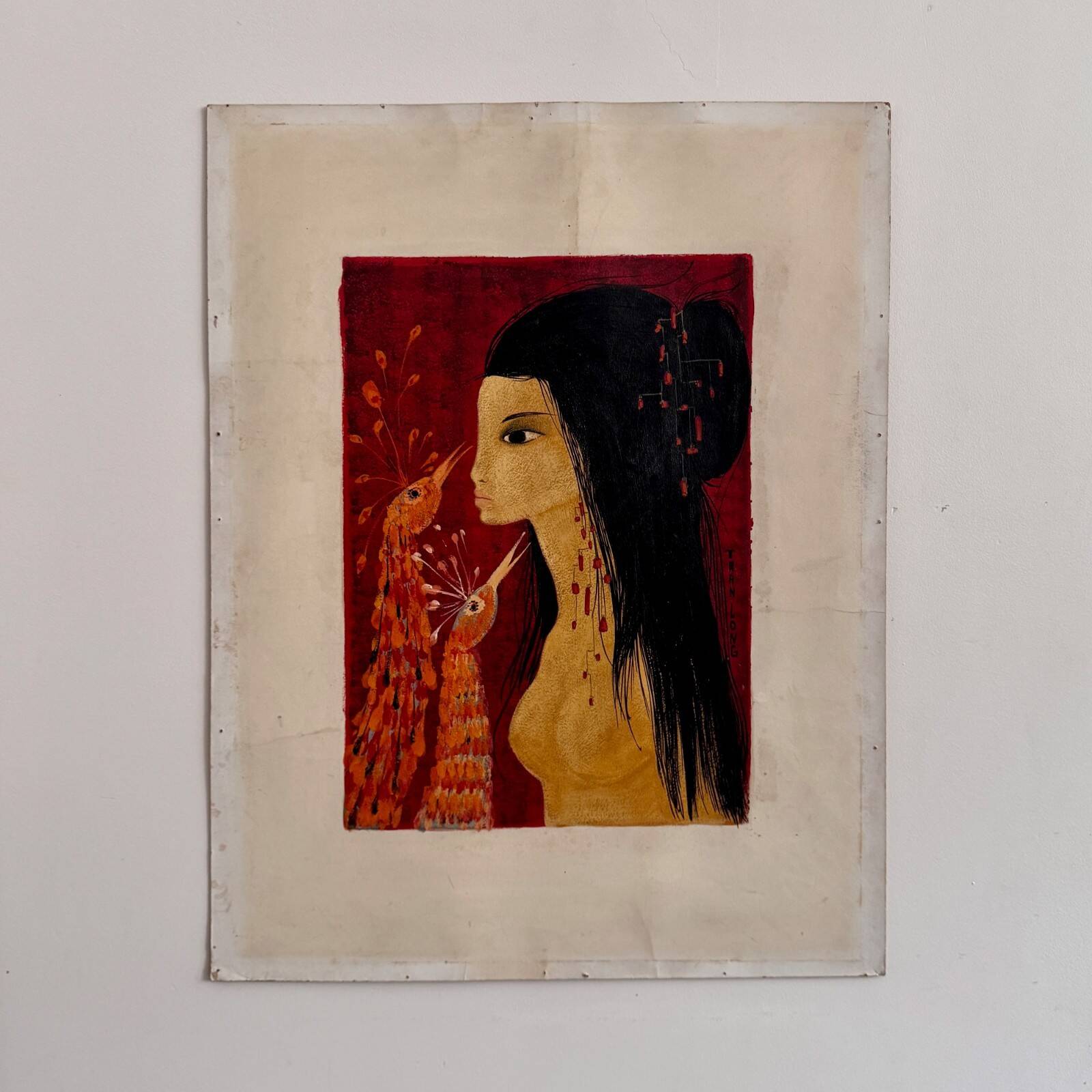 Acrylic on paper, young nude girl with peacock heads by Tran Long, 20th century