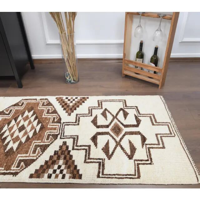 Vintage Turkish Handmade Wool Cotton Beige Runner 81x348