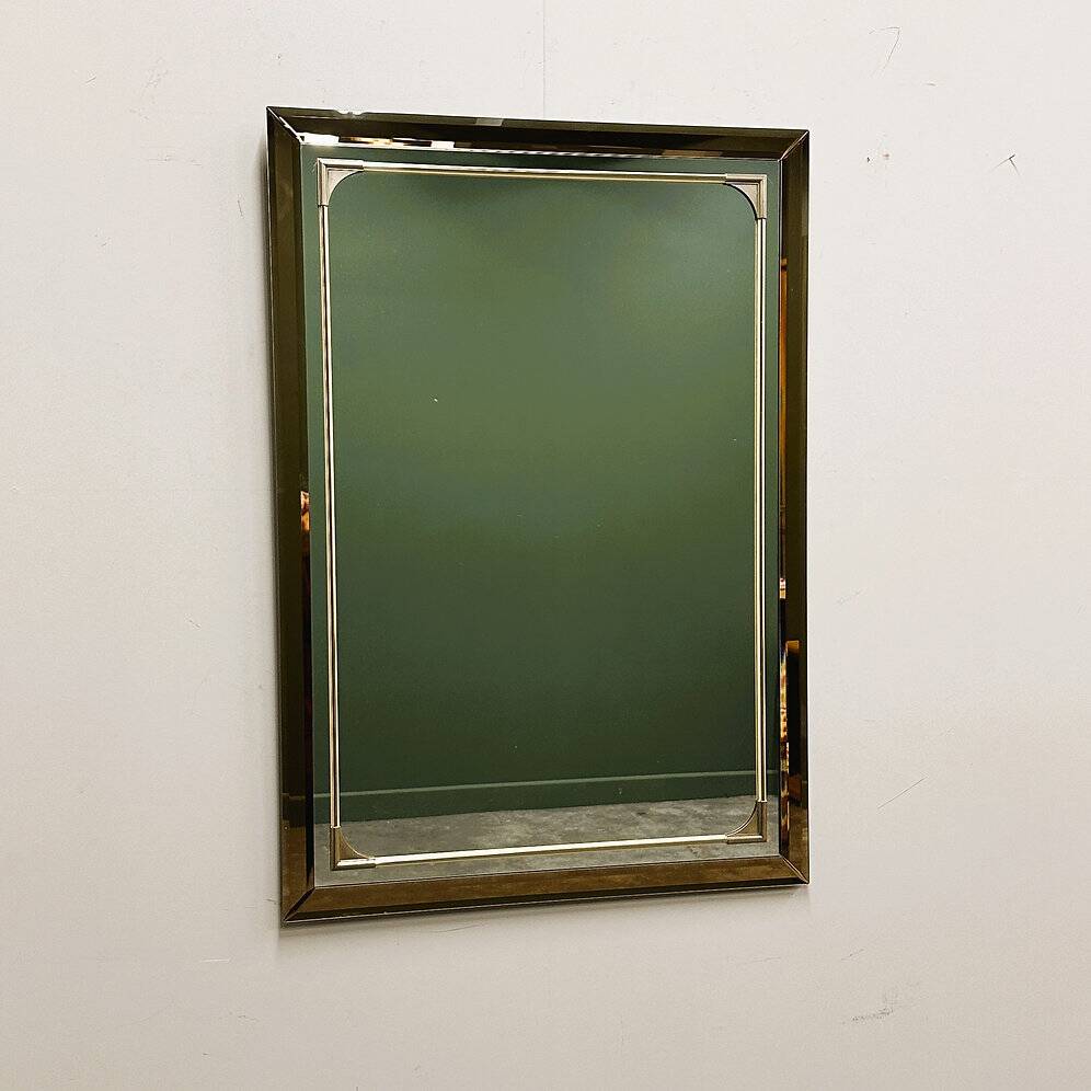 Rectangular Schöninger mirror with bronze-tinted glass and brass detailing, German