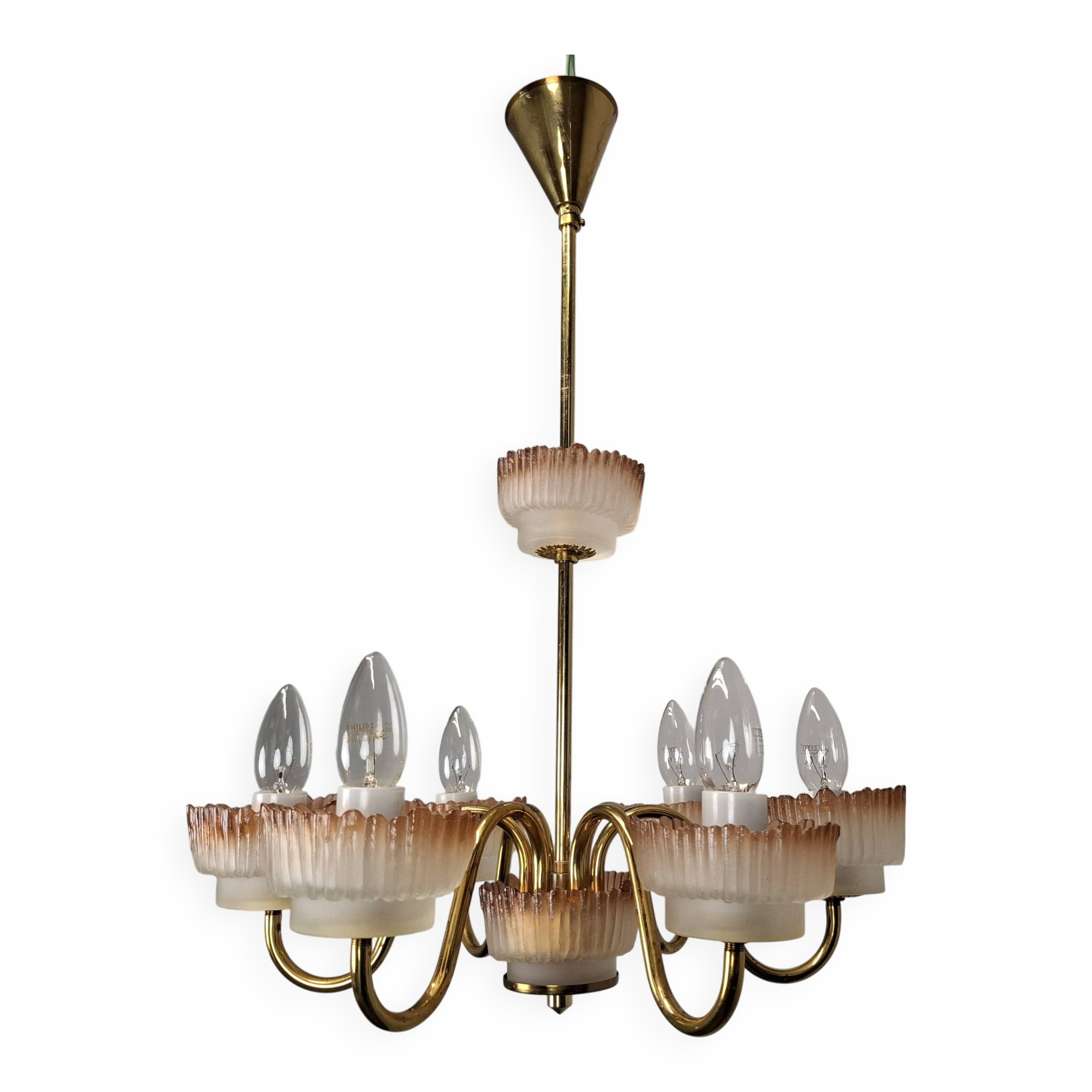 1960s Czech Mid-Century Brass and Železný Brod Frosted Glass Six-Arm Chandelier