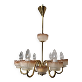 1960s Czech Mid-Century Brass and Železný Brod Frosted Glass Six-Arm Chandelier