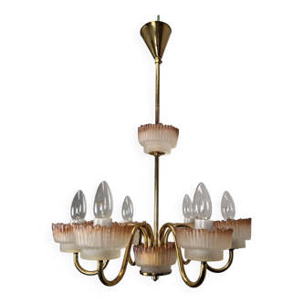1960s Czech Mid-Century Brass and Železný Brod Frosted Glass Six-Arm Chandelier