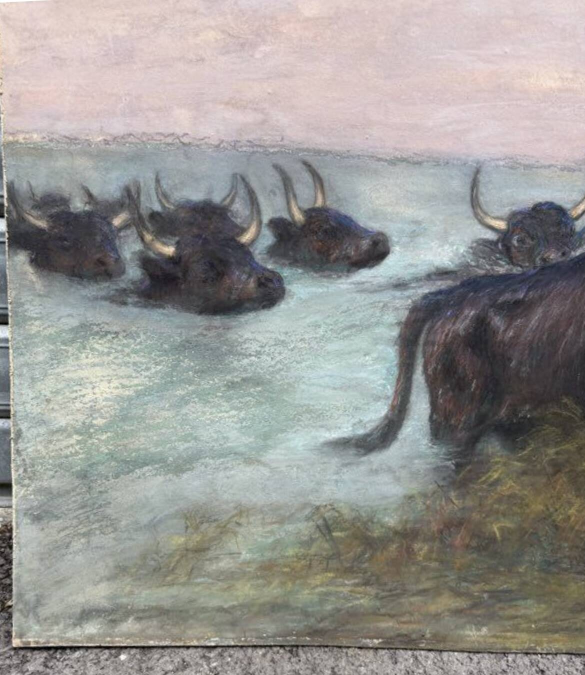 Old pastel signed Théo Mayan: "In Camargue" (early 1900)