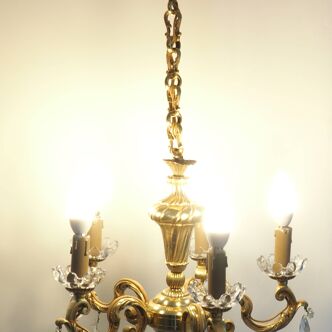 Lustre en bronze massif avec Pampilles et bobèches en cristal- Lucien GAU