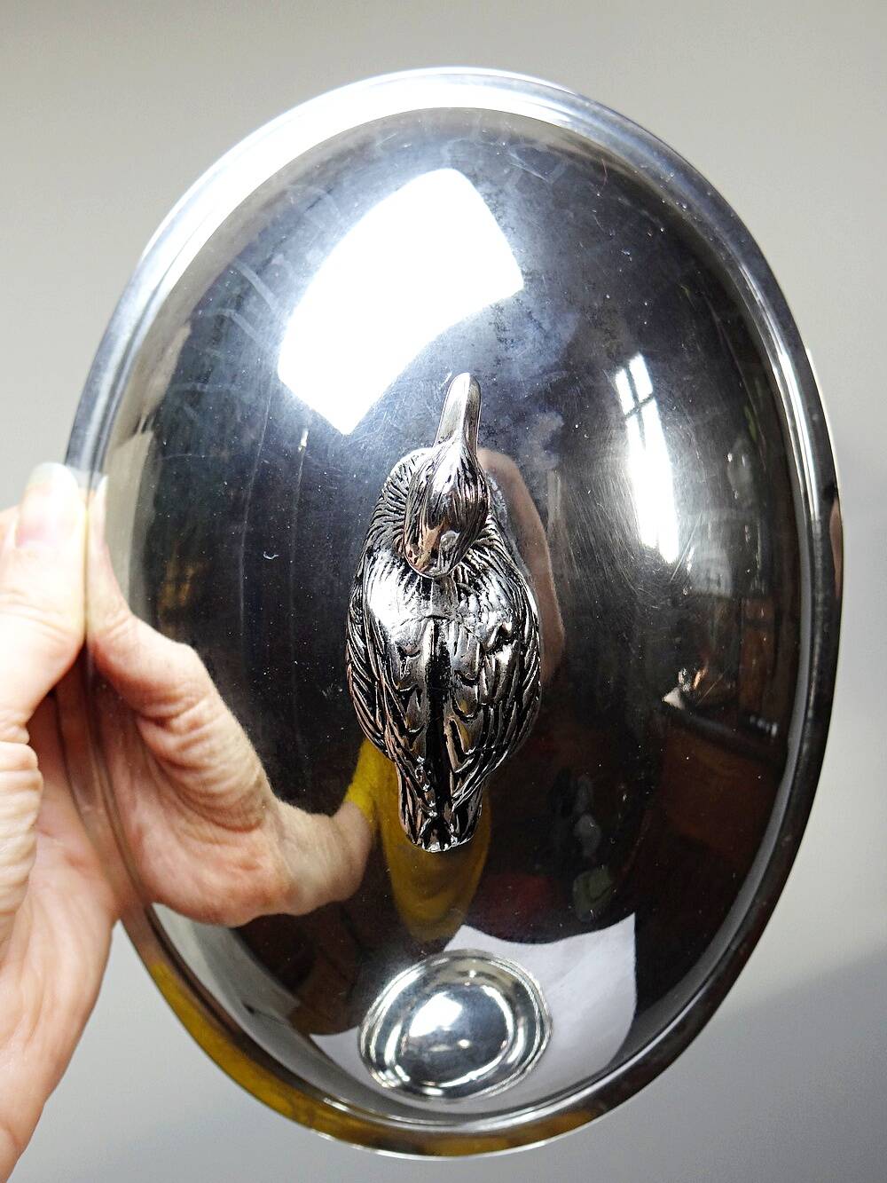 Vintage silver-plated foie gras bell duck handle from the 60s-80s.