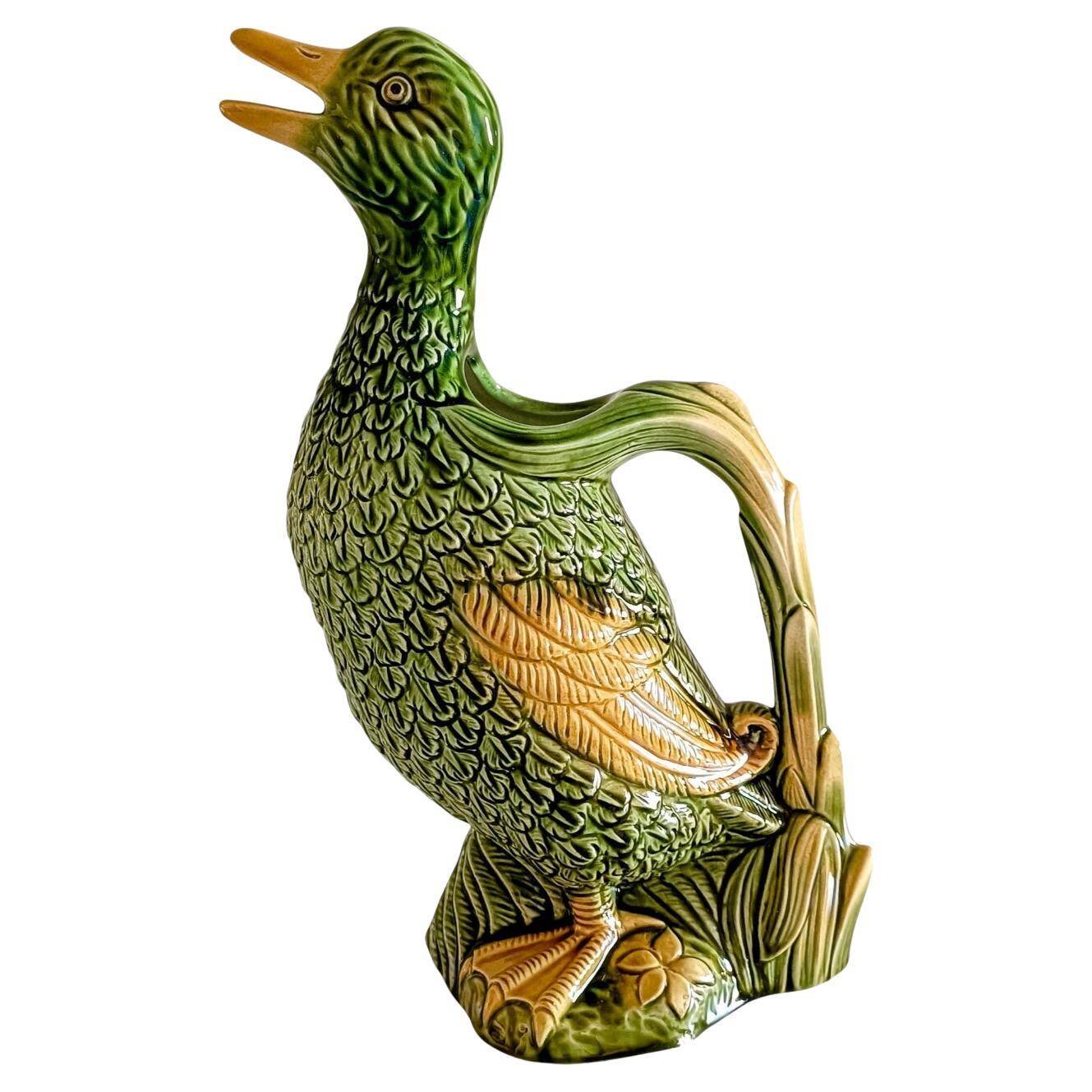 Majolica Duck Pitcher by Keller & Guérin, France, Art Nouveau, 1890