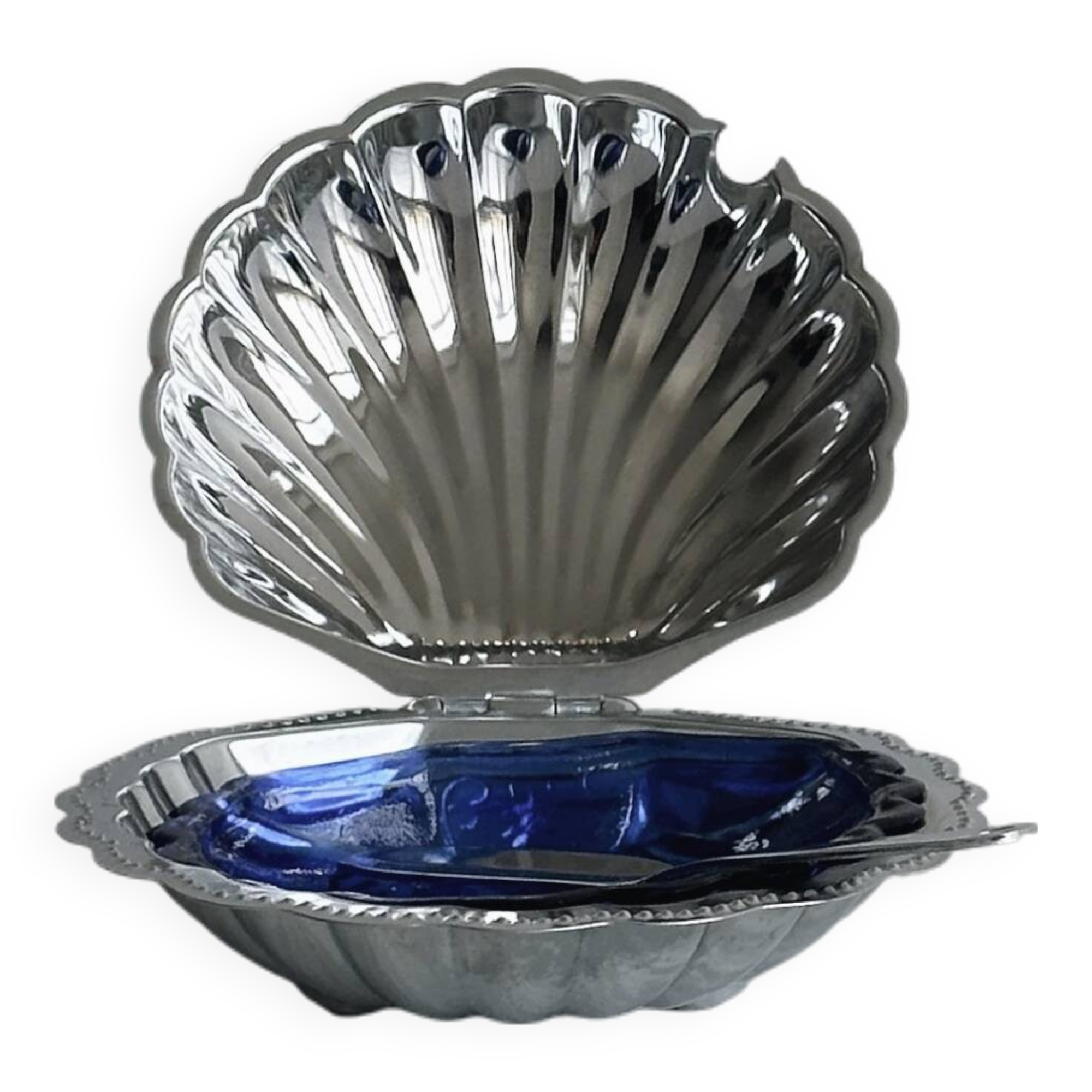 Antique shell butter dish in silver metal and blue glass